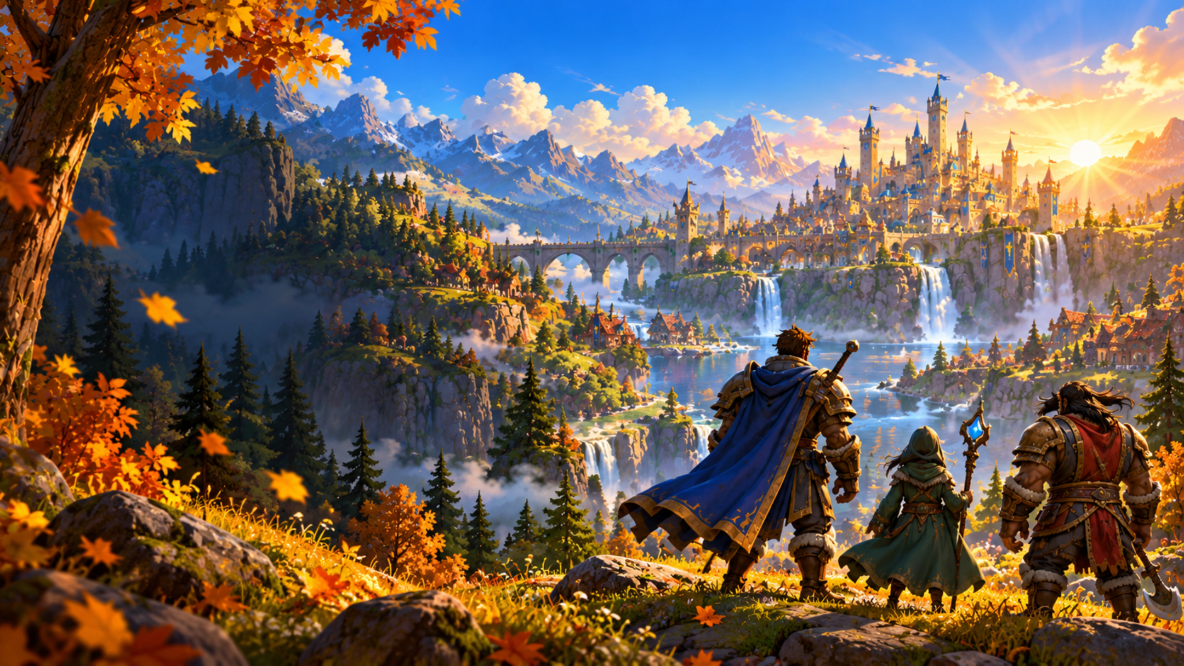 Three adventurers look across a sunlit fantasy valley toward a distant city